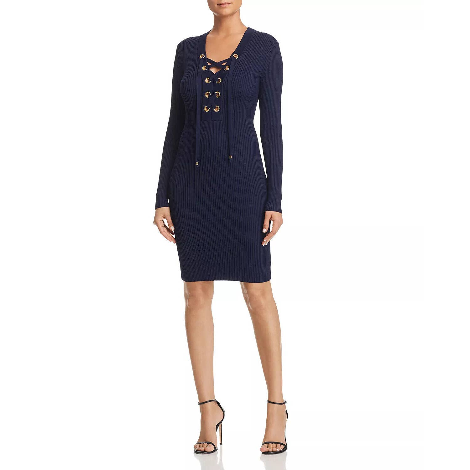 Michael Kors Ribbed Lace-Up Sweater Dress Midnight Blue Xs Nwt $235